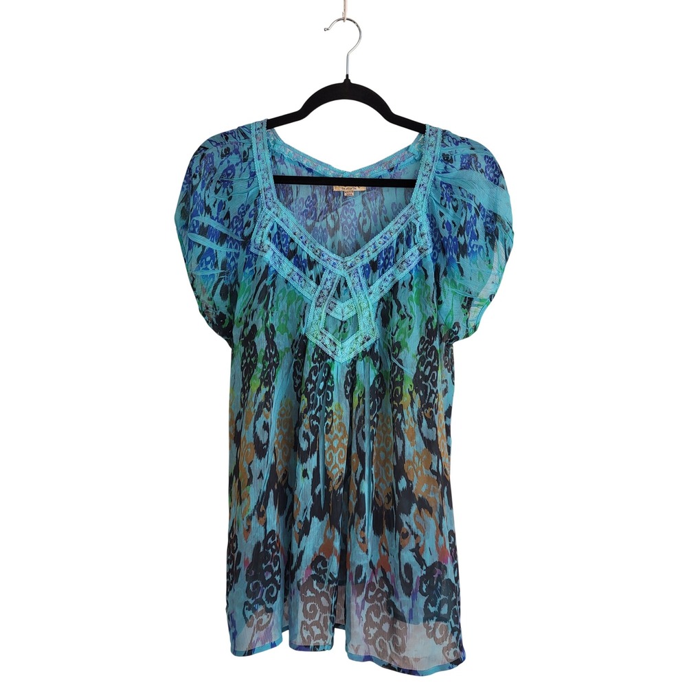 Boho Sheer Blue Chiffon Blouse Beaded Embroidered Lace Trim V-neck Flowy Top L